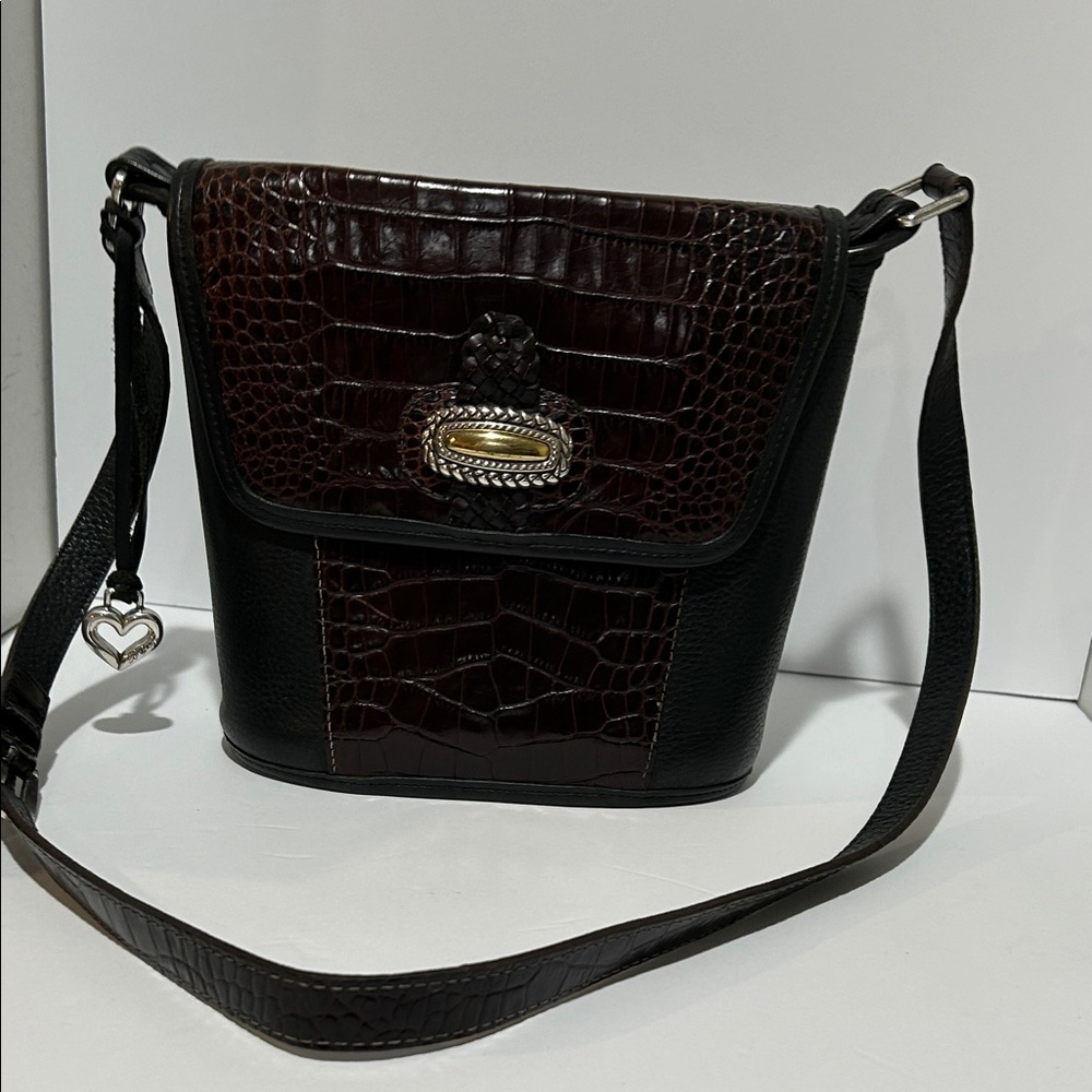 Brighton Magaleine H1509 Black & Dark Brown Croc-Textured Crossbody Bag